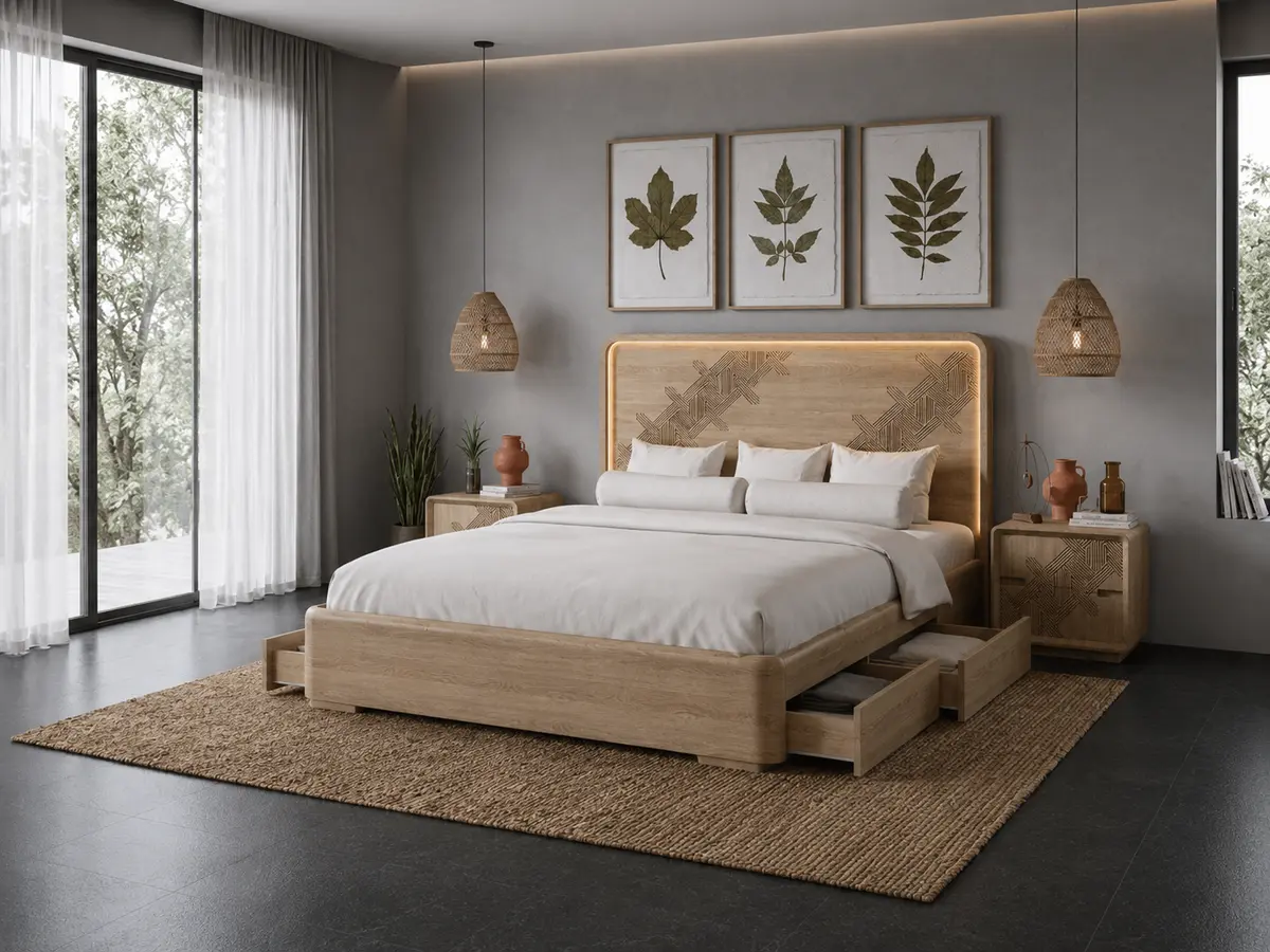 Alcoba Curve con cuatro cajones en madera flor morado